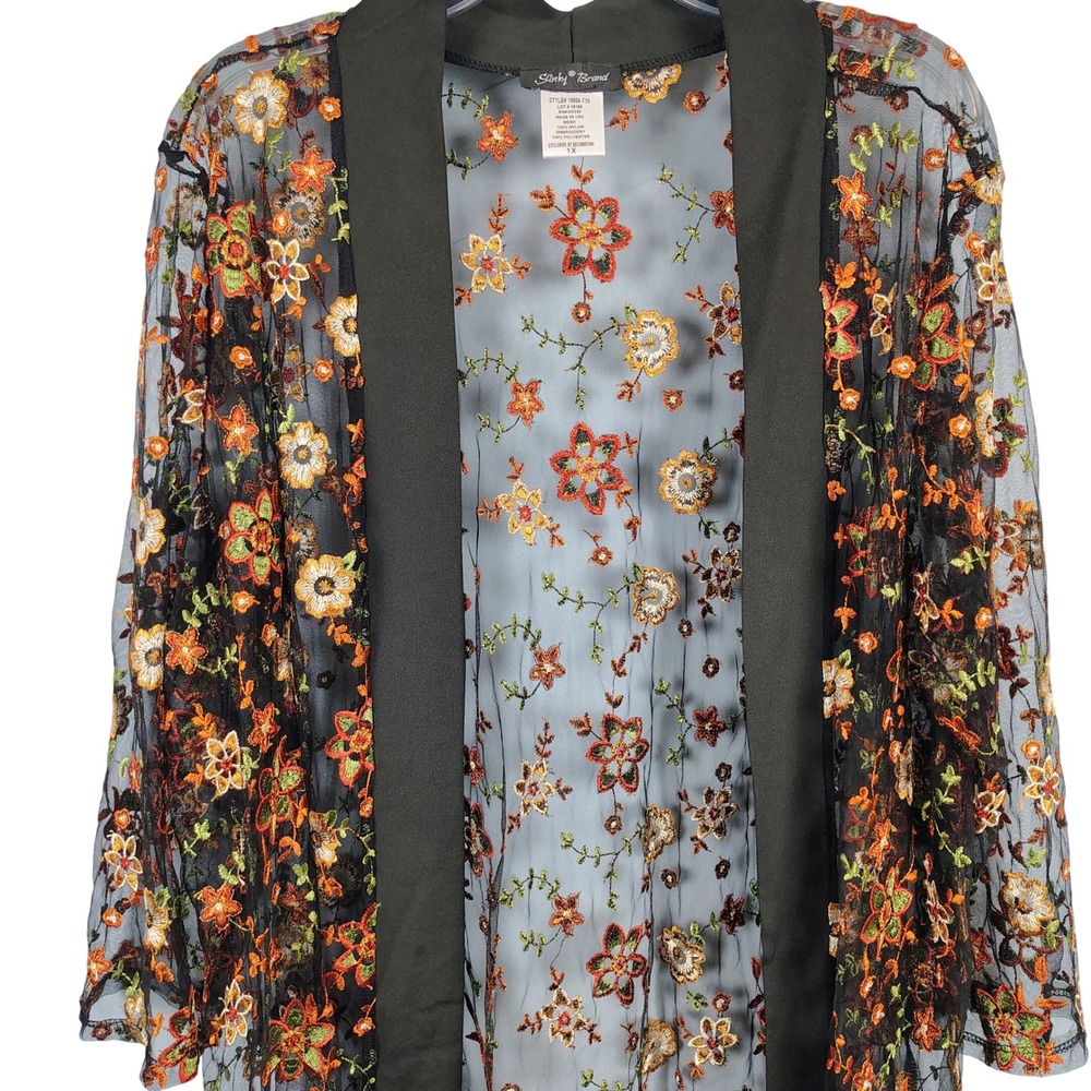 Womens 1X Slinky Brand Floral Embroidered Mesh Kimono Black Whimsigoth Boho
